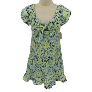 Madden NYC Womens Small Green Blue Flower Floral Puckered Bodycon Sun Dress NEW